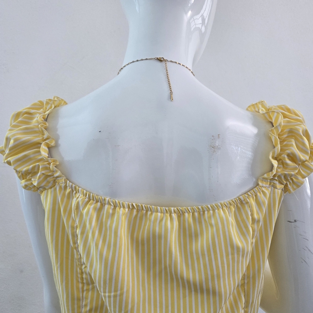 Sunny Yellow White Striped Puff Sleeve Blouse Size Large - Picture 7 of 16